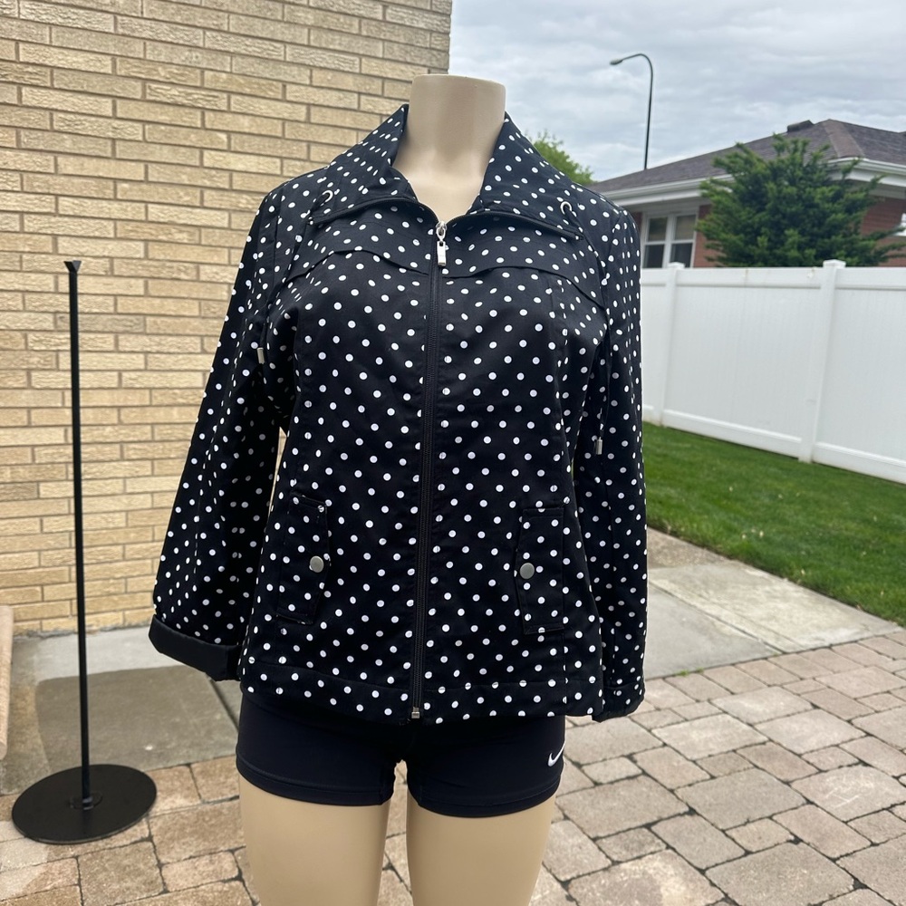 Studio Works Women's Black Polka Dot Cotton Blend Jacket Full Zip Funnel Neck LP